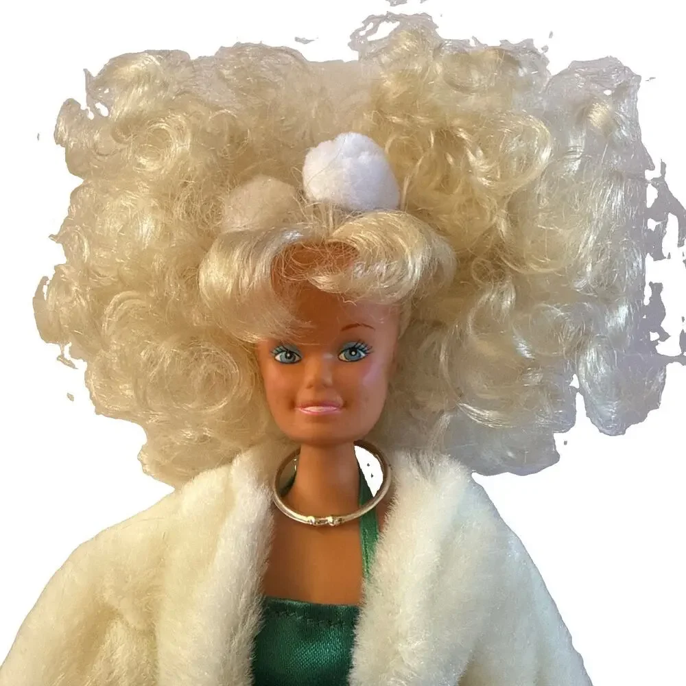 Vintage 80s/90s Barbie Green Satin Gown White Fur Coat Silver Purse Curly Blonde